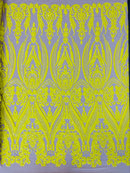 Big Damask Sequins Fabric - Yellow on Nude - 4 Way Stretch Damask Sequins Design Fabric By Yard