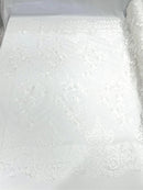 Damask Lace - White - Floral Damask Design Embroidered on Mesh Lace Fabric