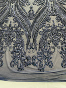 Big Damask Sequins Fabric - Navy Blue - 4 Way Stretch Damask Sequins Design Fabric By Yard