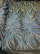 Iridescent Fabric - Blue - Wing Line Design 4 Way Stretch Mesh Lace Fabric By Yard