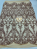 Damask Fabric - Rose Gold - Embroidered Sequin Fabric On 4 Way Stretch Mesh Fabric By The Yard