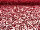 Burgundy Beaded Fabric - by the yard - Fancy Embroidered Zebra Design with Beads on Mesh Fabric