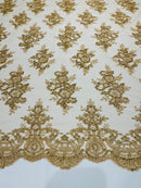 Metallic Gold/Skin Mesh Floral Lace Fabric by the yard Corded Flower Embroidery Design With Sequins