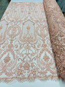 Blush Peach Beaded Damask Fabric - by the yard - Embroidered with Beads and Sequins on Mesh Fabric