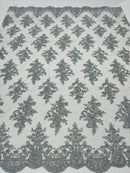 Metallic Silver Floral Lace Fabric by the yard Corded Flower Embroidery Design With Sequins on a Mesh
