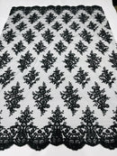 Black Floral Lace Fabric - by the yard - Corded Flower Embroidery Design With Sequins on a Mesh