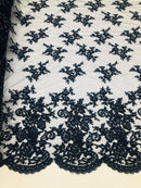 Navy blue Beaded - Embroidered Floral Design Fancy Sequins Fabric with Beads Sold By The Yard
