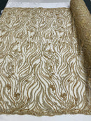 Honey Gold Beaded Fabric - by the yard - Fancy Embroidered Zebra Design with Beads on Mesh Fabric
