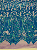 Iridescent Turquoise - 4 Way Stretch Embroidered Royalty Sequins Design Fabric By Yard