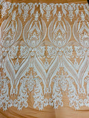 Big Damask Sequins Fabric - White on Dark Nude - 4 Way Stretch Damask Sequins Design Fabric By Yard
