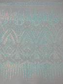BLue/White Iridescent Sequin Fabric, by the yard - White Mesh 4 Way Stretch Aztec Design