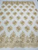 Floral Lace Fabric - Champagne - Flower Cluster Embroidery Design With Sequins on a Mesh