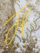 Honey Gold Beaded - Embroidered Floral Design Fancy Sequins Fabric with Beads Sold By The Yard