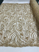 Honey Gold Beaded Fabric - by the yard - Fancy Embroidered Zebra Design with Beads on Mesh Fabric
