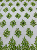 Floral Lace Fabric - Green on Black Mesh - Flower Cluster Embroidery Design With Sequins on a Mesh