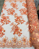 Orange Flower 3D Fabric - by the Yard - Embroided Fabric Flower Pearls and Beaded Fabric