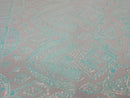 BLue/White Iridescent Sequin Fabric, by the yard - White Mesh 4 Way Stretch Aztec Design