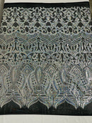 Silver Holographic Sequin - 4 Way Stretch Embroidered Royalty Sequins Design Fabric By Yard