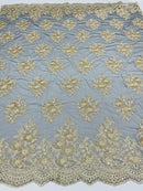 Floral Lace Fabric - Gold on Black Mesh - Flower Cluster Embroidery Design With Sequins on a Mesh
