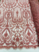 Dusty Rose Beaded Damask Fabric - by the yard - Embroidered with Beads and Sequins on Mesh Fabric