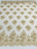 Floral Lace Fabric - Champagne - Flower Cluster Embroidery Design With Sequins on a Mesh