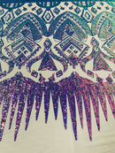 Lavender/Purple Iridescent Sequin Fabric, by the yard - Nude Mesh 4 Way Stretch Aztec Design