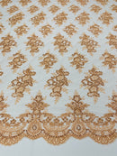 Peach Floral Lace Fabric - by the yard - Corded Flower Embroidery Design With Sequins