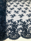 Navy blue Beaded - Embroidered Floral Design Fancy Sequins Fabric with Beads Sold By The Yard
