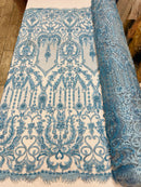 Blue Beaded Damask Fabric - by the yard - Embroidered with Beads and Sequins on Mesh Fabric