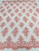 Lt Coral Floral Lace Fabric - by the yard - Corded Flower Embroidery Design With Sequins on a Mesh