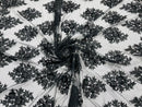 Floral Lace Fabric - Black - Flower Cluster Embroidery Design With Sequins on a Mesh