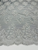 Floral Lace Fabric - Silver on Black Mesh - Flower Cluster Embroidery Design With Sequins on a Mesh