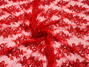 Red Floral Lace Fabric - by the yard - Corded Flower Embroidery Design With Sequins on a Mesh