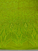Neon Yellow Sequin - 4 Way Stretch Embroidered Royalty Sequins Design Fabric By Yard