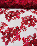 Burgundy Flower 3D Fabric - by the Yard - Embroided Fabric Flower Pearls and Beaded Fabric