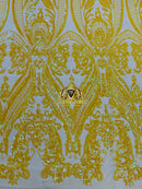 Big Damask Sequins Fabric - Yellow - 4 Way Stretch Damask Sequins Design Fabric By Yard