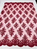 Burgundy Floral Lace Fabric by the yard Corded Flower Embroidery Design With Sequins on a Mesh