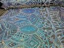 Aqua/Blue Iridescent - 4 Way Stretch Embroidered Royalty Sequins Design Fabric By Yard