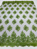 Floral Lace Fabric - Green on Black Mesh - Flower Cluster Embroidery Design With Sequins on a Mesh