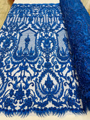 Royal Blue Beaded Damask Fabric - by the yard - Embroidered with Beads and Sequins on Mesh Fabric