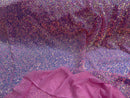 New Iridescent Clear Sequin Fabric Embroidery On Pink Power Mesh 4Way Stretch Sequins By The Yard