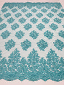 Floral Lace Fabric - Tiffany Blue - Flower Cluster Embroidery Design With Sequins on a Mesh