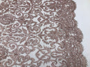Rose Gold Bridal Lace Hand Beaded Embroidered Floral Fabric - by the yard - Wedding Beaded Fabric