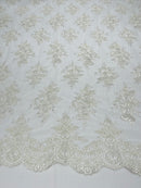 Ivory/off white Floral Lace Fabric by the yard Corded Flower Embroidery Design With Sequins on a Mesh