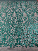 Teal Green Sequin Fabric - by the yard - On Mesh 4 Way Stretch, Damask Design Sequins