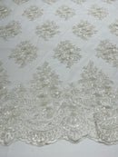 Floral Lace Fabric - Off-White - Flower Cluster Embroidery Design With Sequins on a Mesh