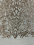 Rose Gold Sequin Fabric - by the yard - On Mesh 4 Way Stretch, Damask Design Sequins