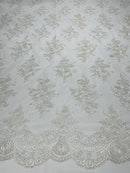 White Floral Lace Fabric - by the yard - Corded Flower Embroidery Design With Sequins on a Mesh