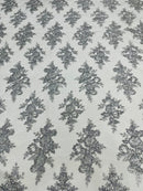 Silver Floral Lace Fabric by the yard Corded Flower Embroidery Design With Sequins on a Mesh
