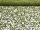 Olive Beaded Fabric - by the yard - Fancy Embroidered Zebra Design with Beads on Mesh Fabric